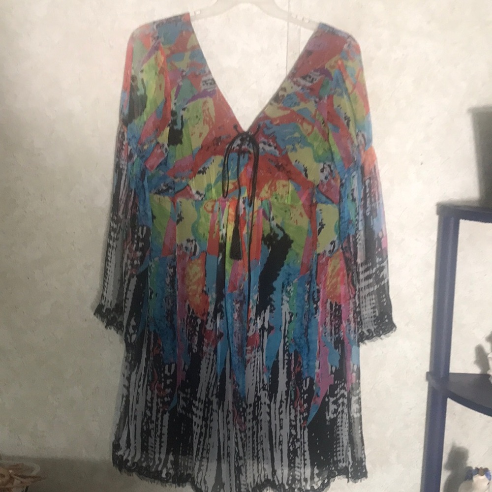 Oleg Cassini Colorful V Neck Poly Shear Lined Dress size 12